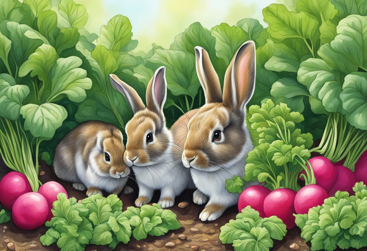 Rabbits munching on radish greens in a lush garden setting