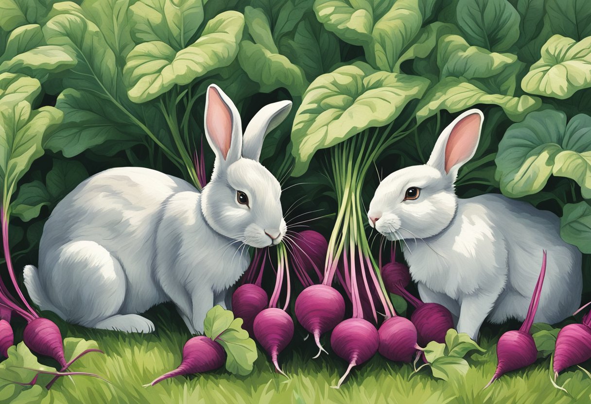 Rabbits munch on fresh beet greens in a lush garden patch