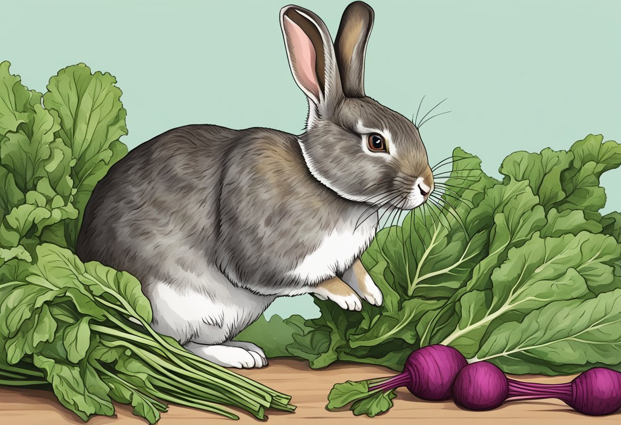 A rabbit eagerly munches on fresh beet greens, its nose twitching with delight as it enjoys the nutritious snack