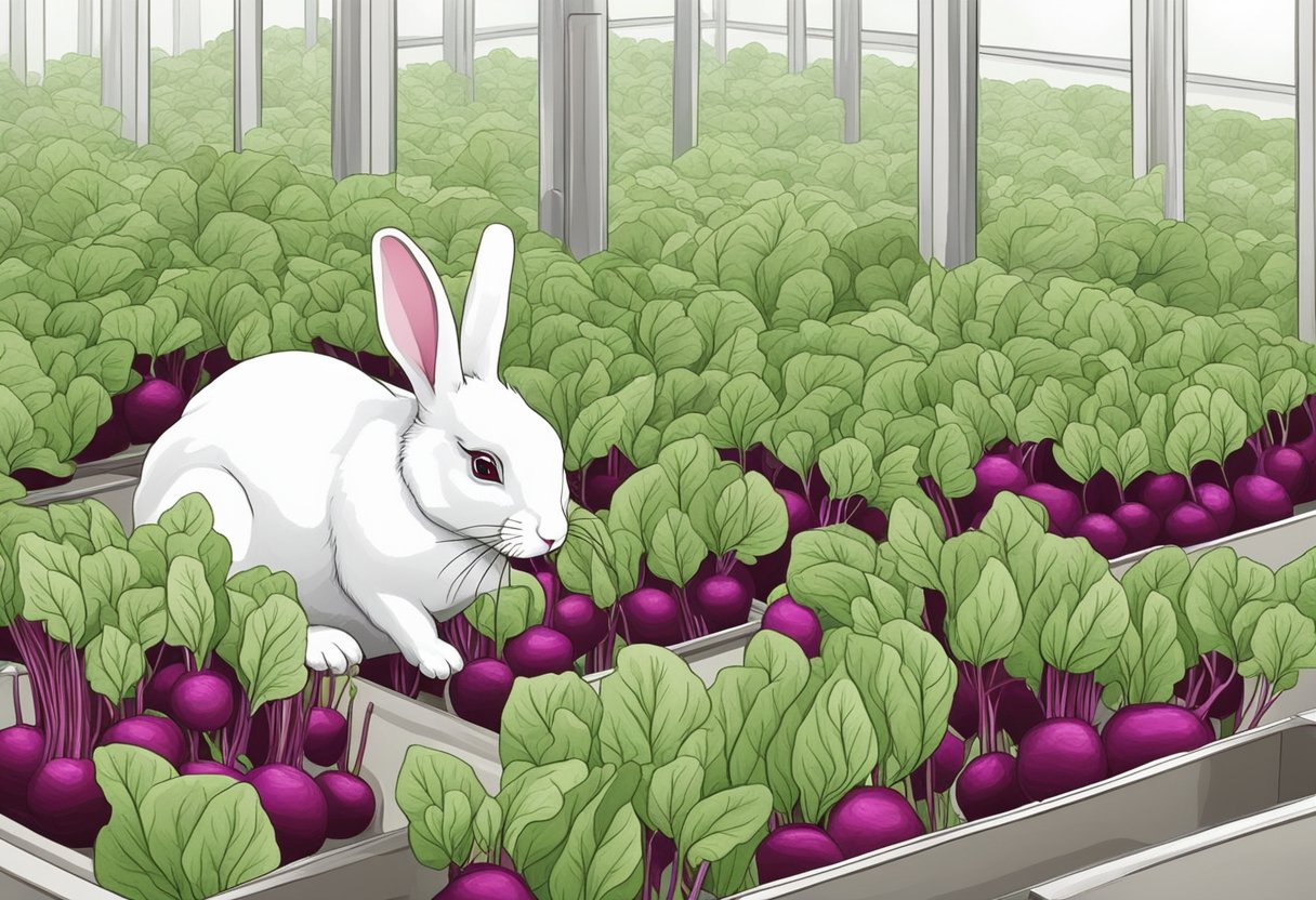 A rabbit nibbles on fresh beet greens in a clean, spacious enclosure. The greens are free from pesticides and other harmful chemicals