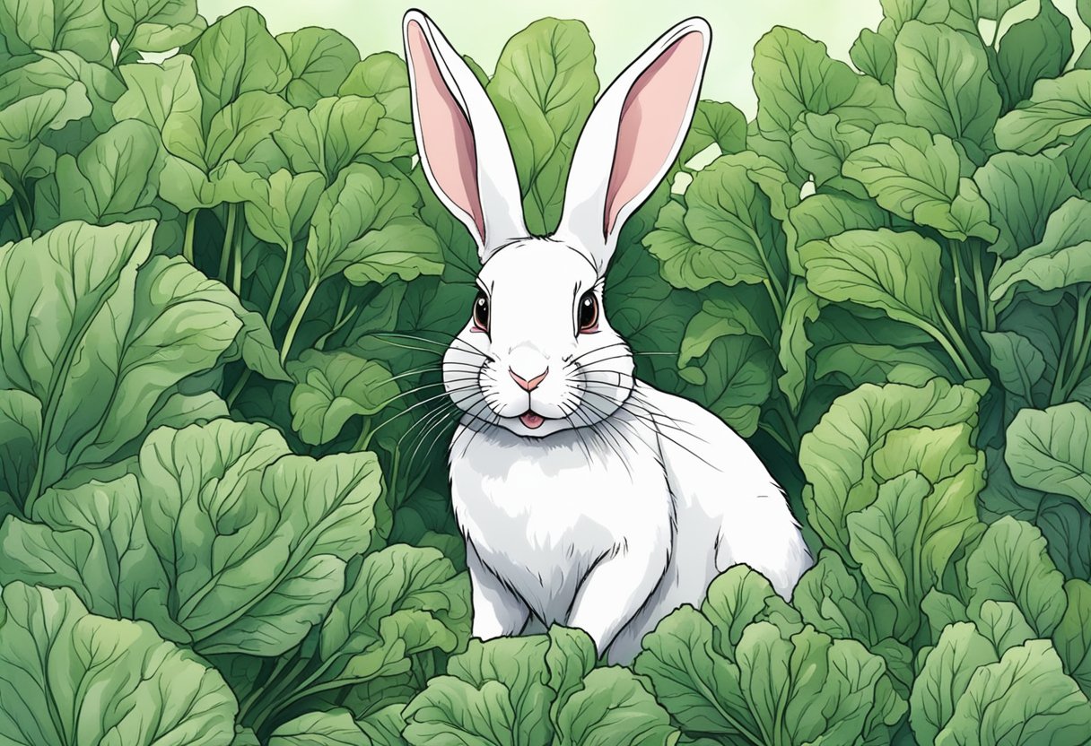 A rabbit happily munching on fresh beet greens, with bright eyes and a shiny coat, surrounded by a lush garden backdrop