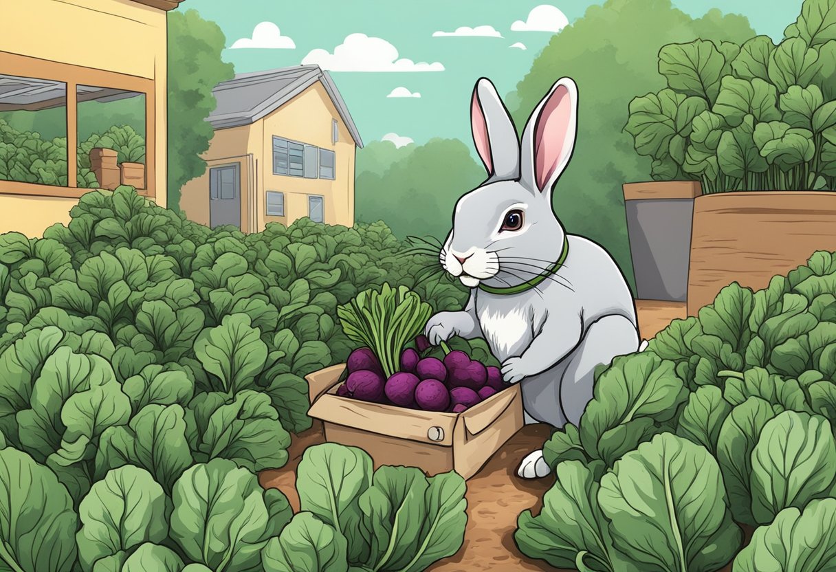 Rabbits eating beet greens, with caution sign and hand offering greens