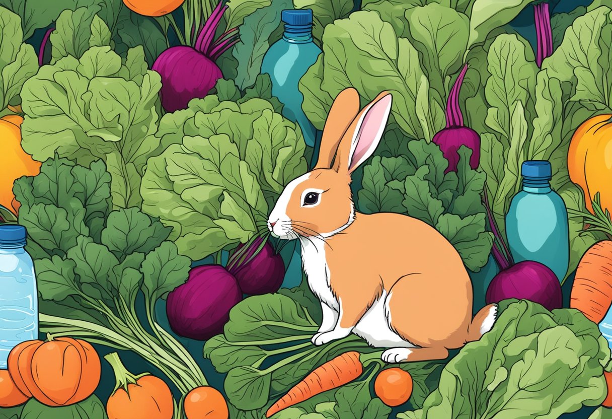 A rabbit munches on fresh beet greens, surrounded by a pile of colorful vegetables and a water bottle nearby