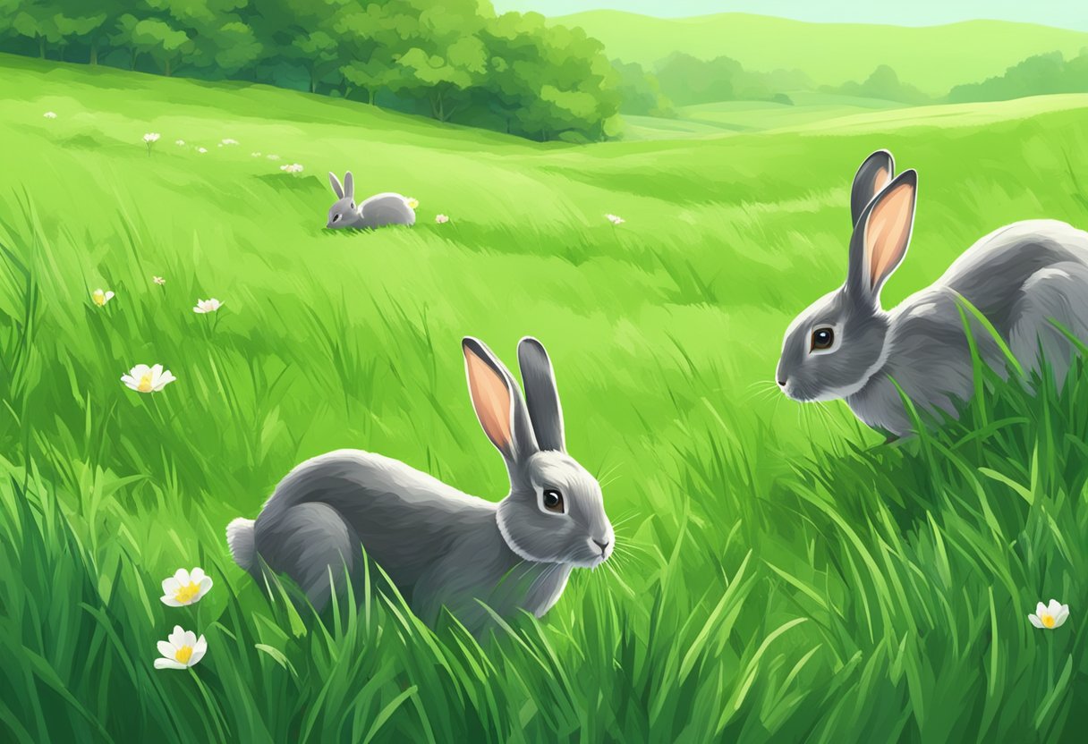 Lush green meadow with rabbits nibbling on fresh spring grass