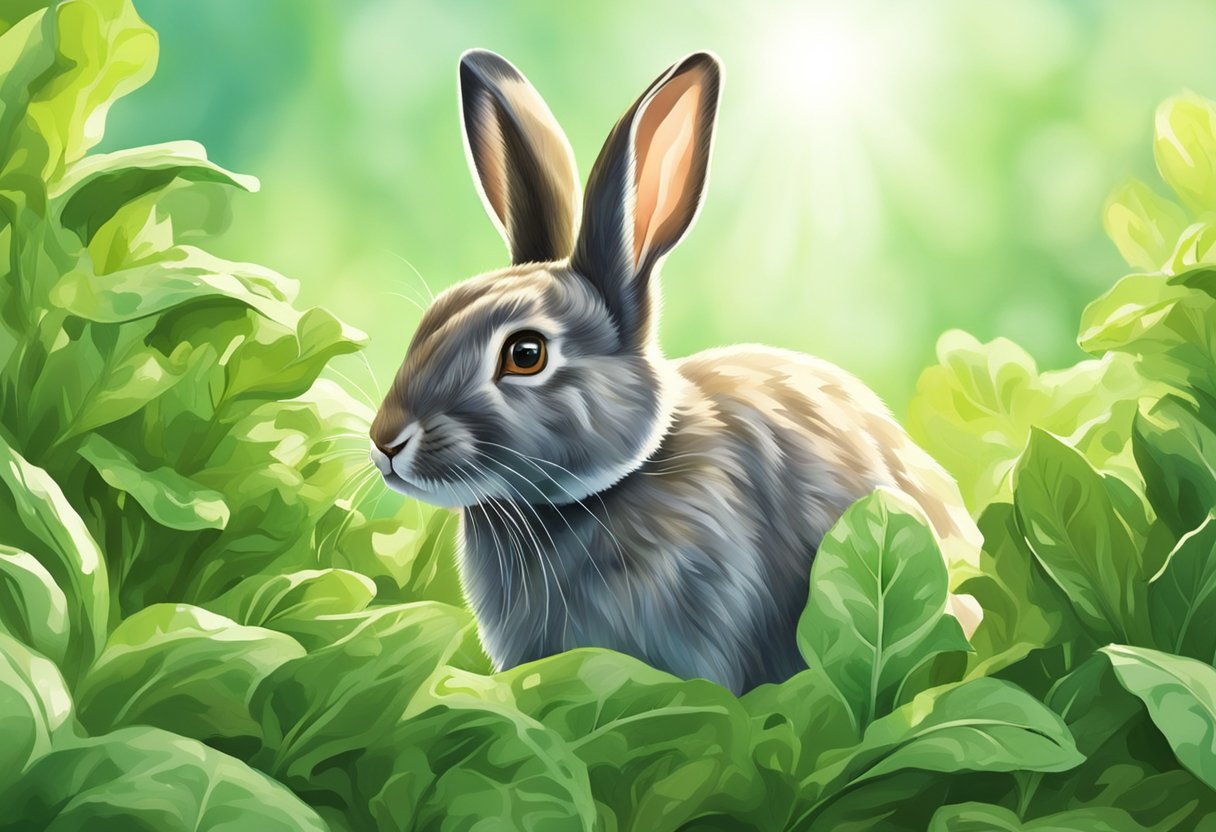 A rabbit eagerly munches on fresh spring greens, its fur glistening in the sunlight as it enjoys the nutritional benefits of the vibrant green leaves