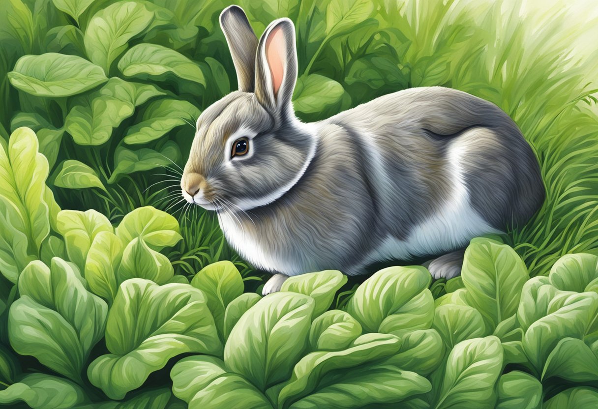 A rabbit nibbles on fresh spring greens in a lush garden setting
