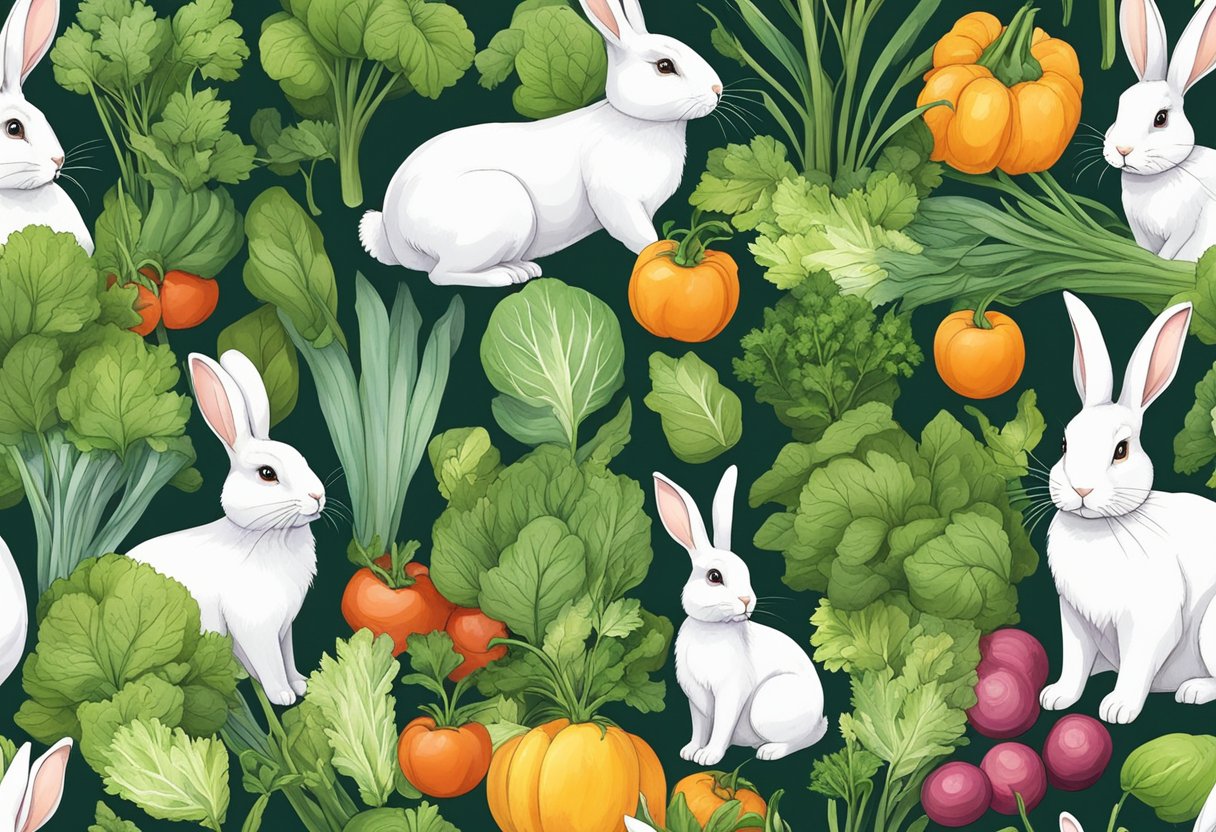Rabbits munching on fresh spring greens, surrounded by a variety of plants and vegetables