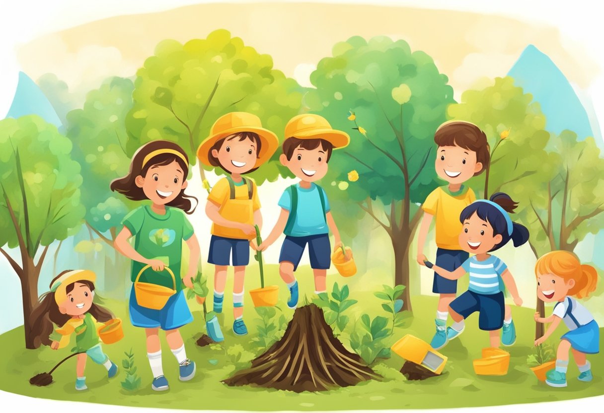 Children sharing toys, planting trees, and helping others. Smiling faces and joyful expressions. An atmosphere of kindness and compassion