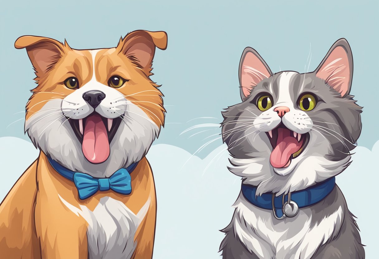 A split image of a cat and a dog, both sitting with their tails wagging. The cat is grooming itself while the dog is panting with its tongue out