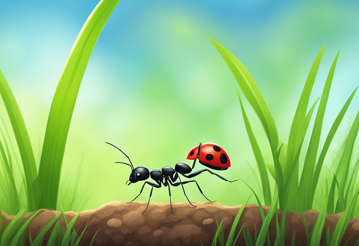 A small ant stands next to a towering blade of grass, emphasizing the size difference. A tiny ladybug crawls on a giant leaf, showcasing perspective fun
