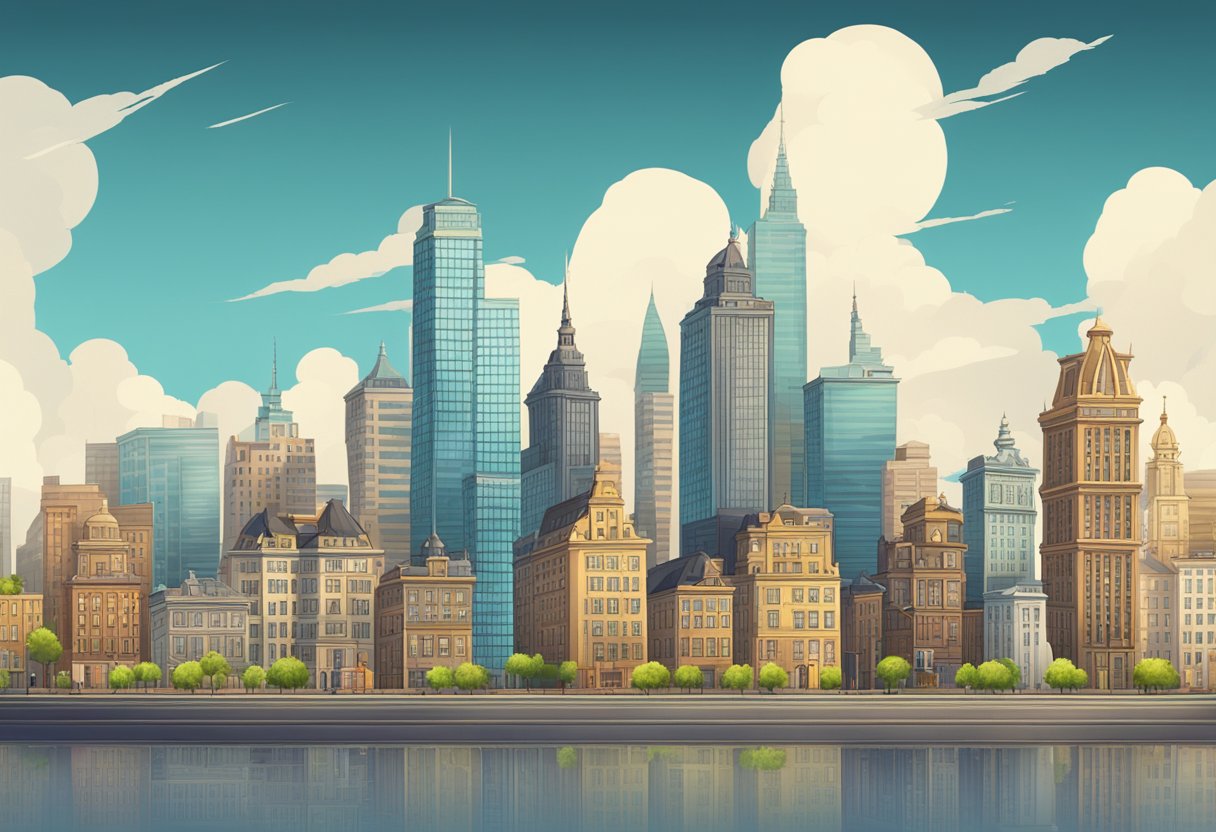 A city skyline with old and modern buildings side by side, showcasing the differences through time