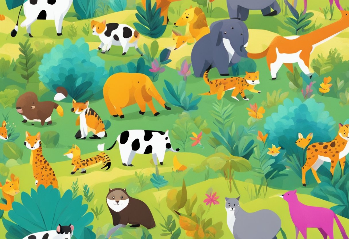 A group of playful animals explore a colorful, vibrant landscape, comparing different objects and finding joy in discovering similarities and differences
