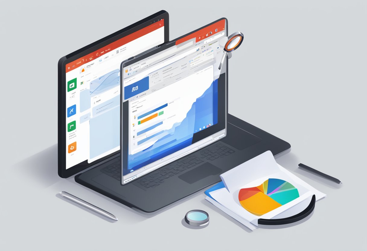 A computer screen with the Outlook app open, a magnifying glass hovering over the search bar, and a red "X" icon indicating the removal of the app search feature