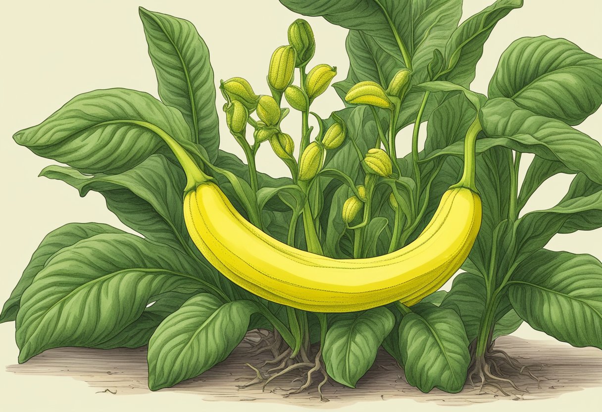 Banana peppers grow from small, green buds on the plant's stem, gradually elongating and turning yellow as they mature