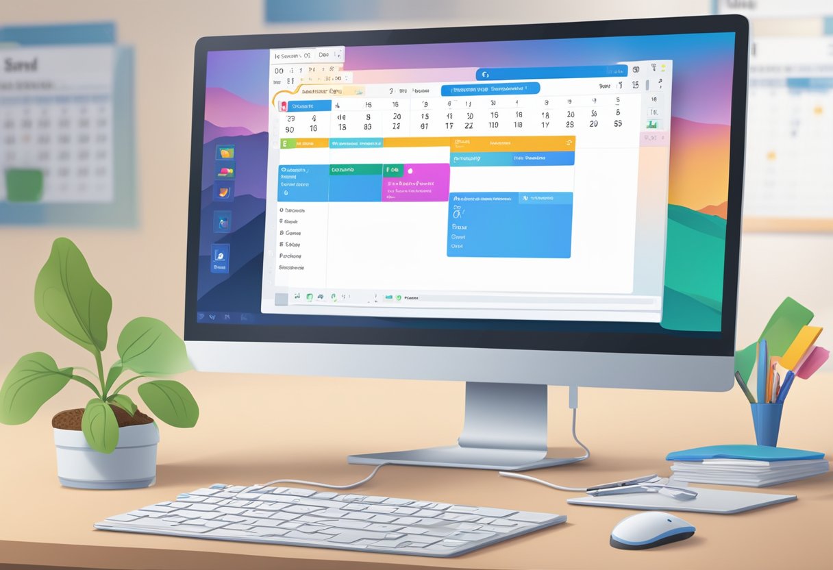 A computer screen displays an open Outlook calendar with a meeting reminder pop-up, while a mouse hovers over the "send reminder" button