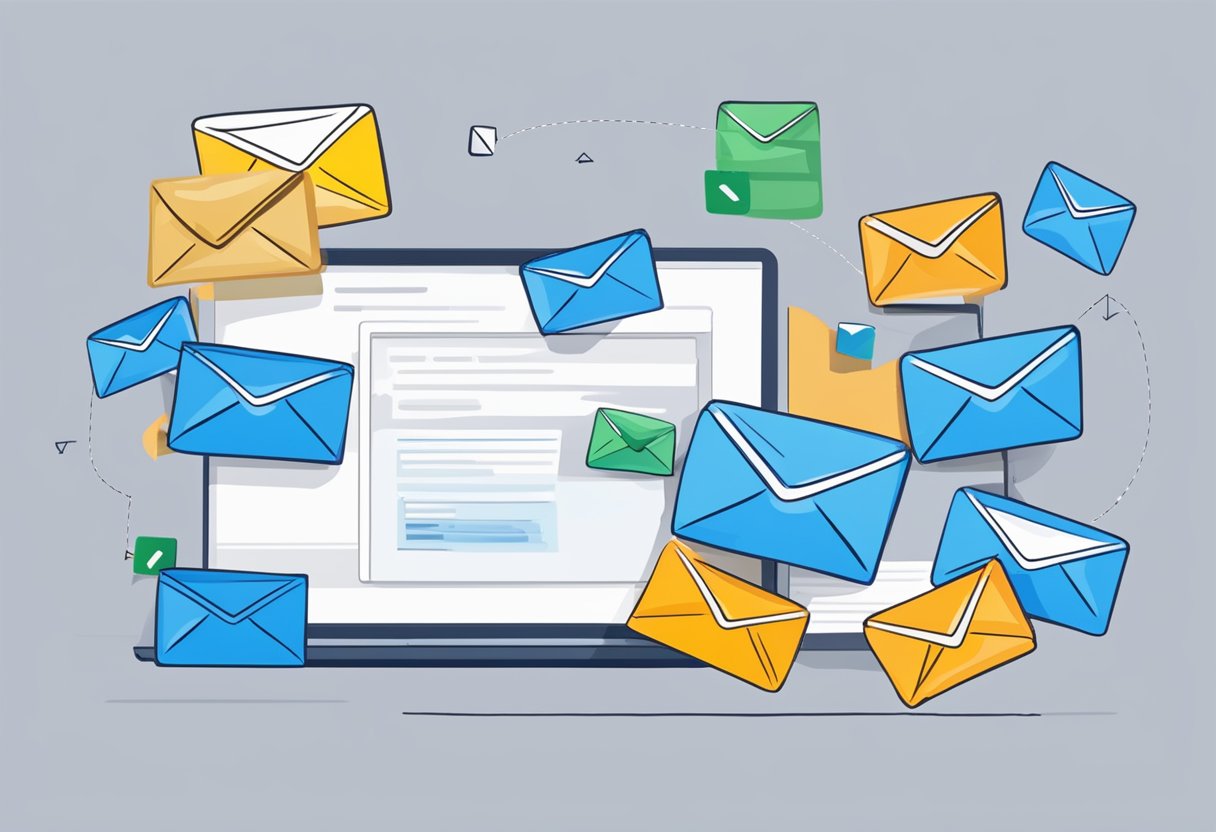 Multiple email messages are highlighted in Outlook, with the cursor selecting them. The selection process is demonstrated step by step