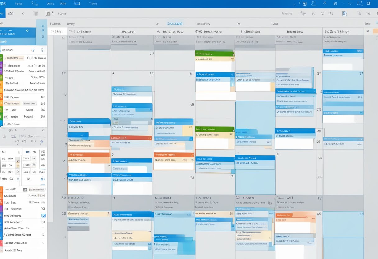 Outlook calendar with multiple time zones displayed. Tabs for different time zones set up, each with their own distinct time markers