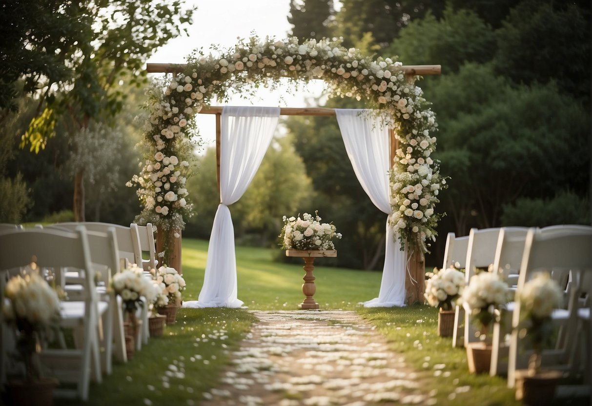 A garden wedding with blooming flowers, a rustic wooden arch, and twinkling string lights. A white aisle lined with petals leads to a charming outdoor altar