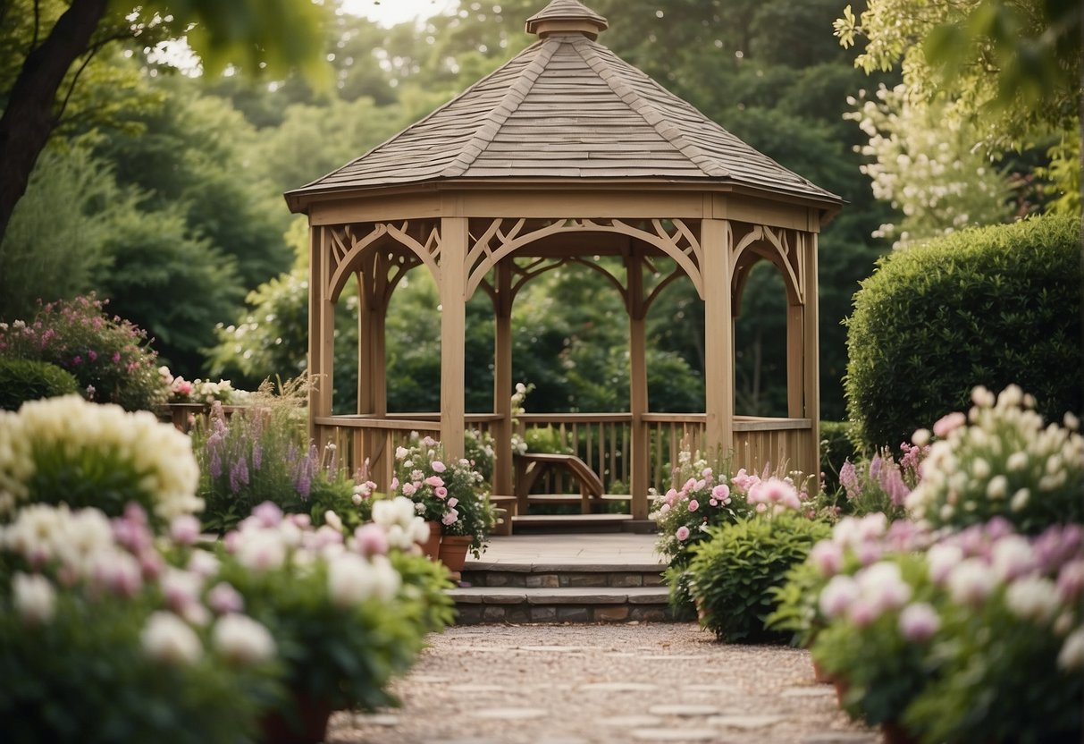 A lush garden with blooming flowers, winding pathways, and twinkling lights. A romantic gazebo serves as the focal point for the ceremony, while a charming outdoor dining area is set up for the reception