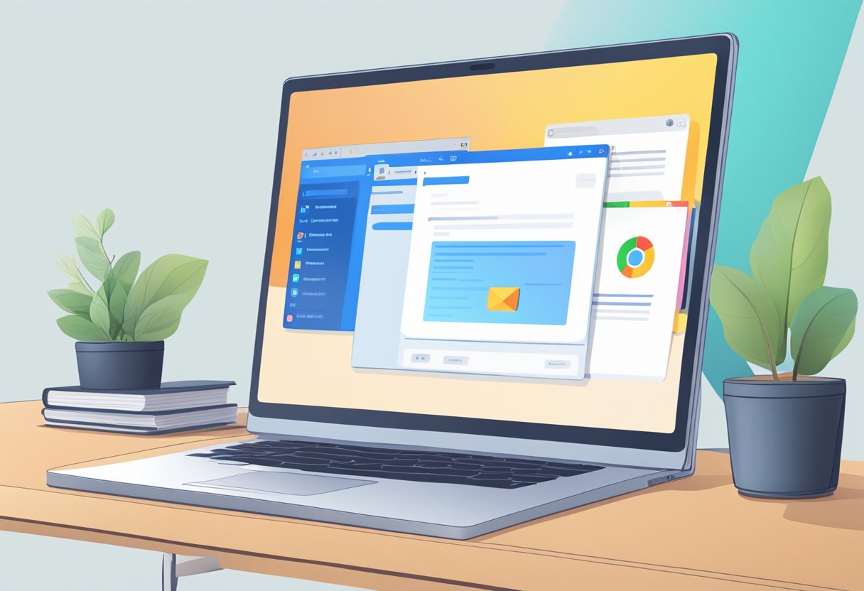 A computer screen with Outlook open, a notification window popping up, and a hand cursor clicking on the settings menu to set up email notifications
