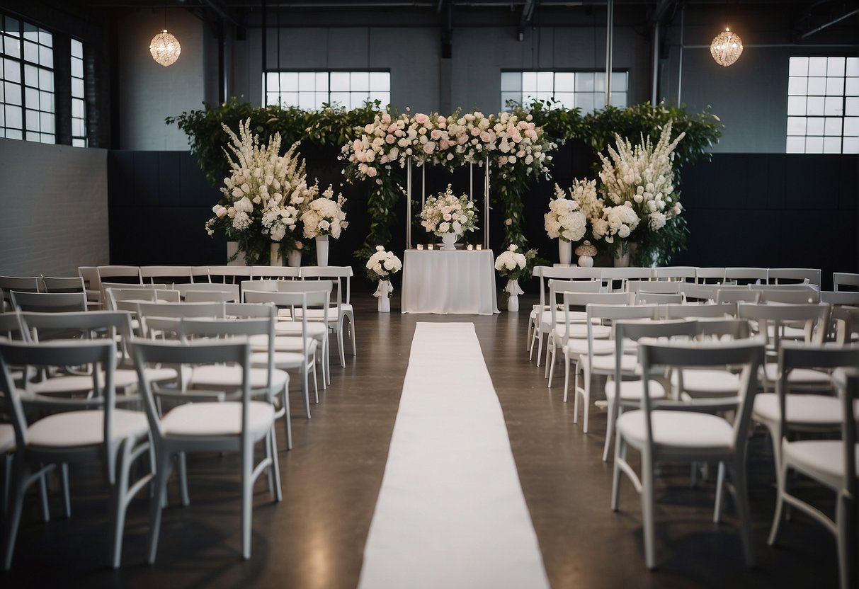 A modern wedding ceremony with geometric decor, minimalist floral arrangements, and sleek furniture in a chic industrial venue