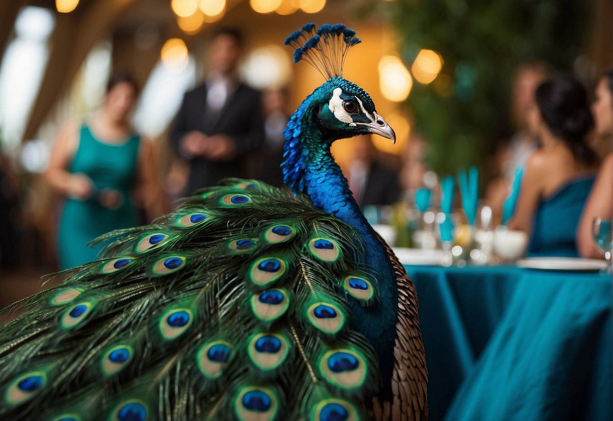 A peacock-themed wedding scene featuring vibrant blue and green attire, intricate feathered accessories, and elegant peacock feathers adorning the decor