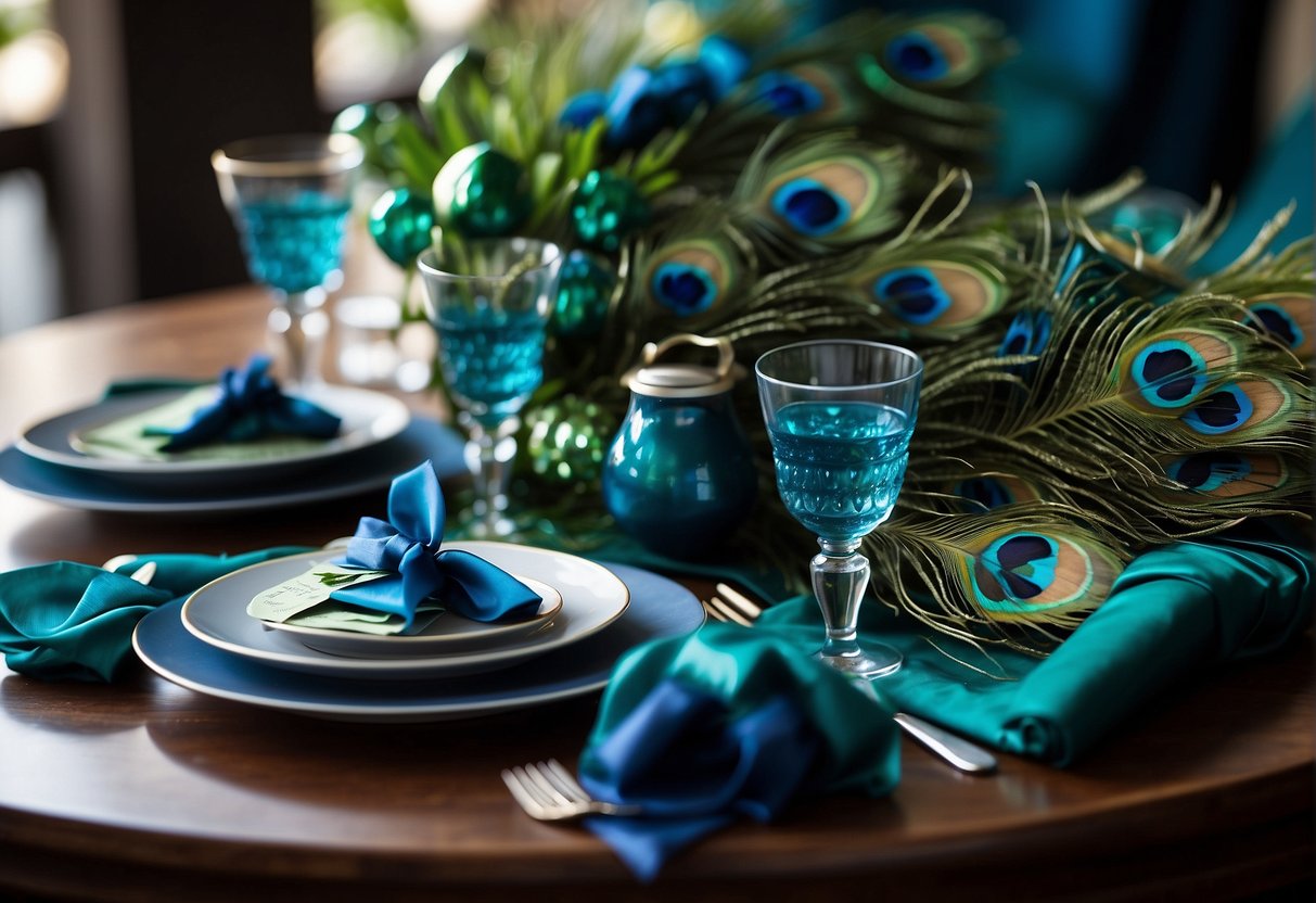 A table adorned with peacock feathers, elegant stationery, and favor boxes in rich blues and greens