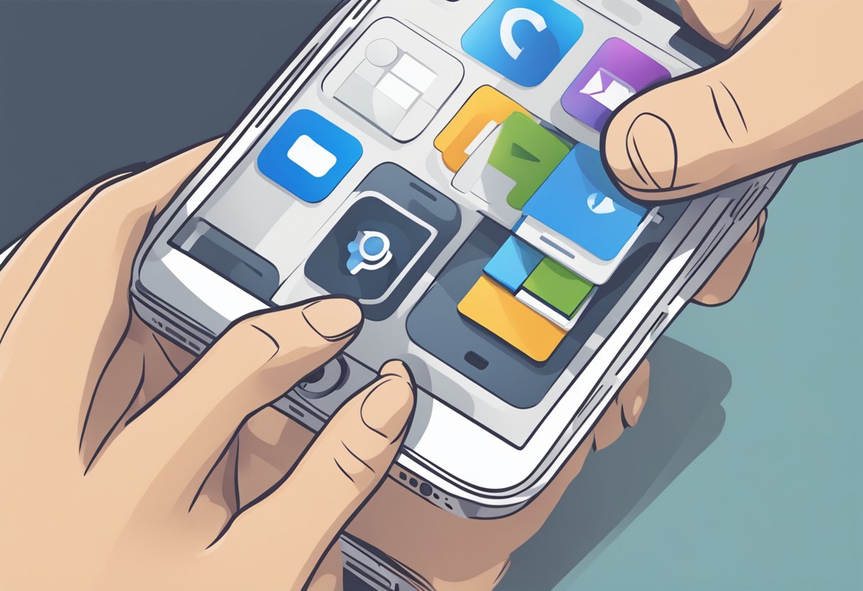 A hand holding an iPhone, tapping through settings to remove Outlook for iOS app