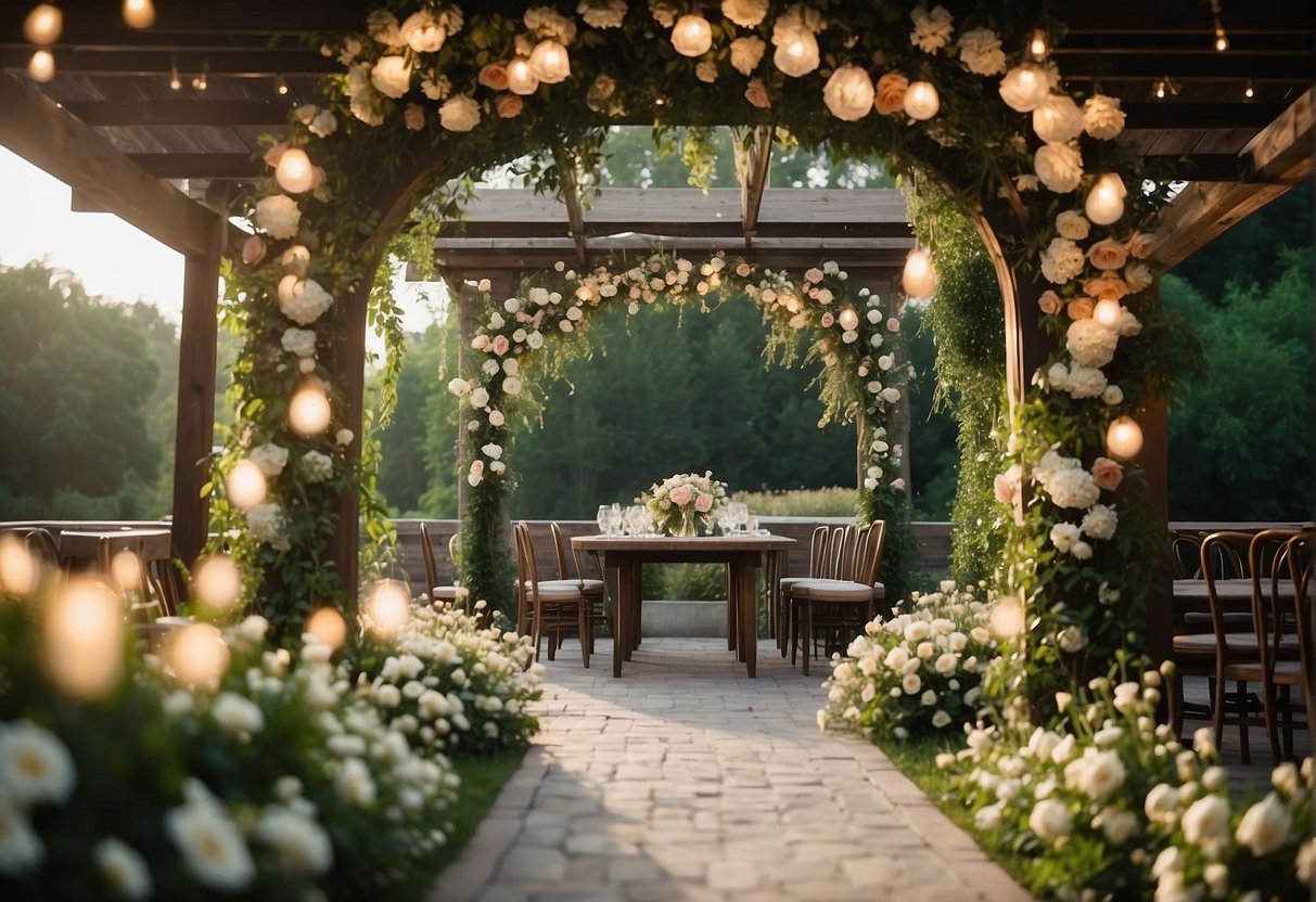 A romantic garden wedding with fairy lights, blooming flowers, and a rustic archway adorned with flowing fabrics and delicate greenery