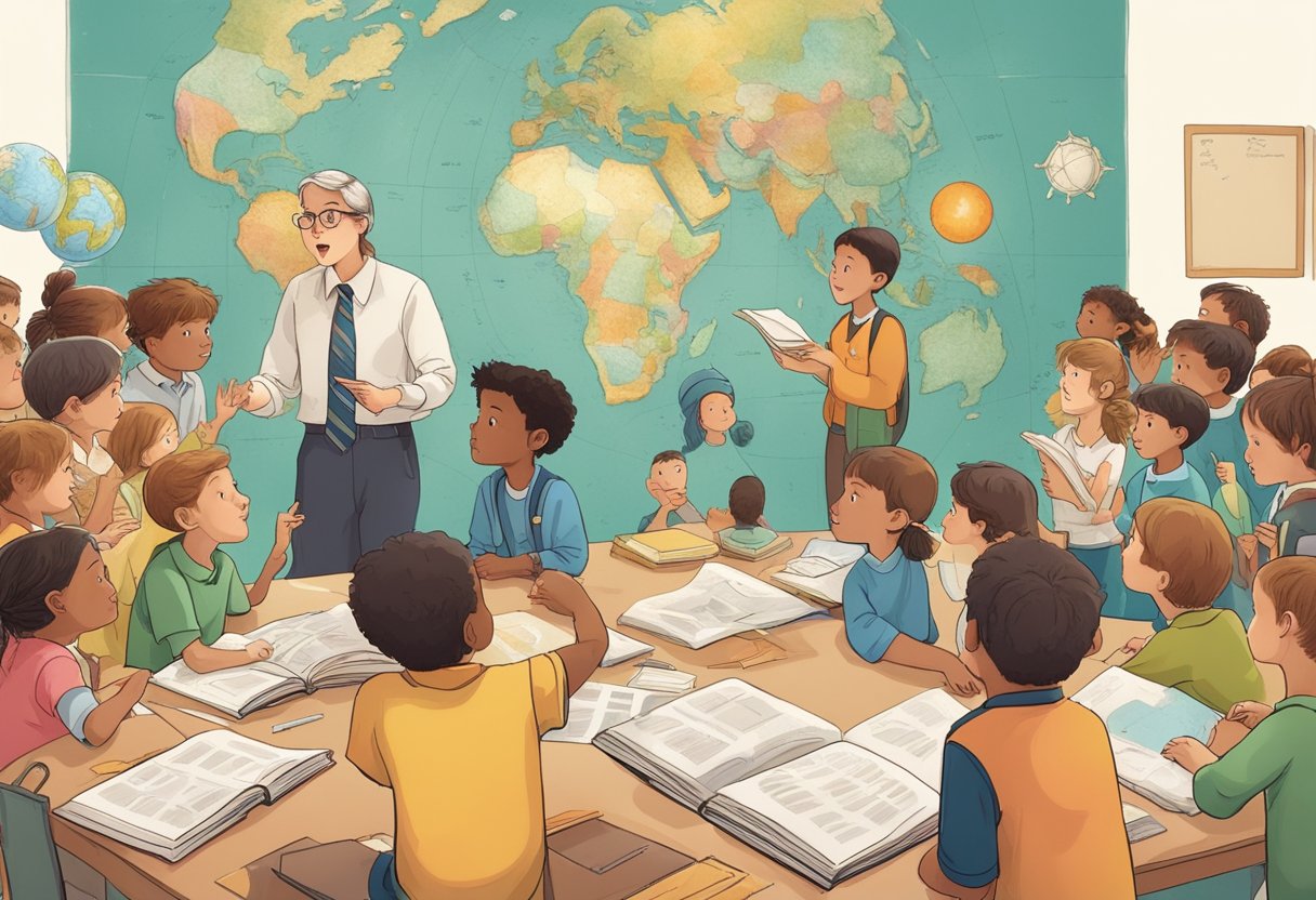 Children surround a teacher, eagerly asking questions about the world around them. Books, maps, and scientific tools are scattered around, sparking curiosity