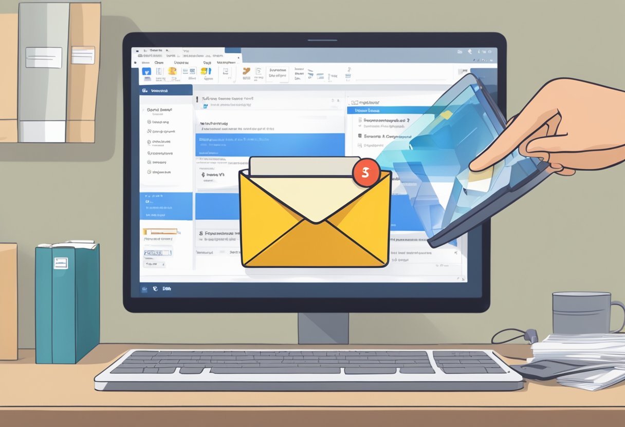 A computer screen displaying an overflowing mailbox with a "storage full" warning, a folder labeled "Outlook storage tips," and a hand hovering over the keyboard