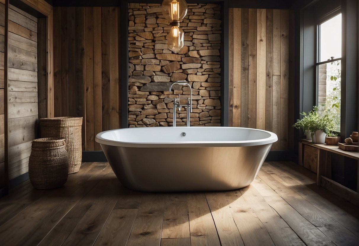 A freestanding tub sits against a reclaimed wood wall, surrounded by vintage fixtures and natural stone flooring in a rustic bathroom