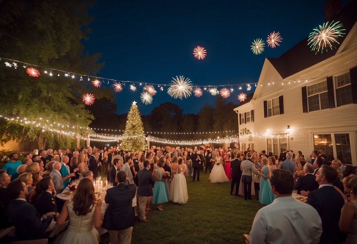 A festive outdoor wedding with red, white, and blue decorations, a patriotic color scheme, and fireworks lighting up the night sky