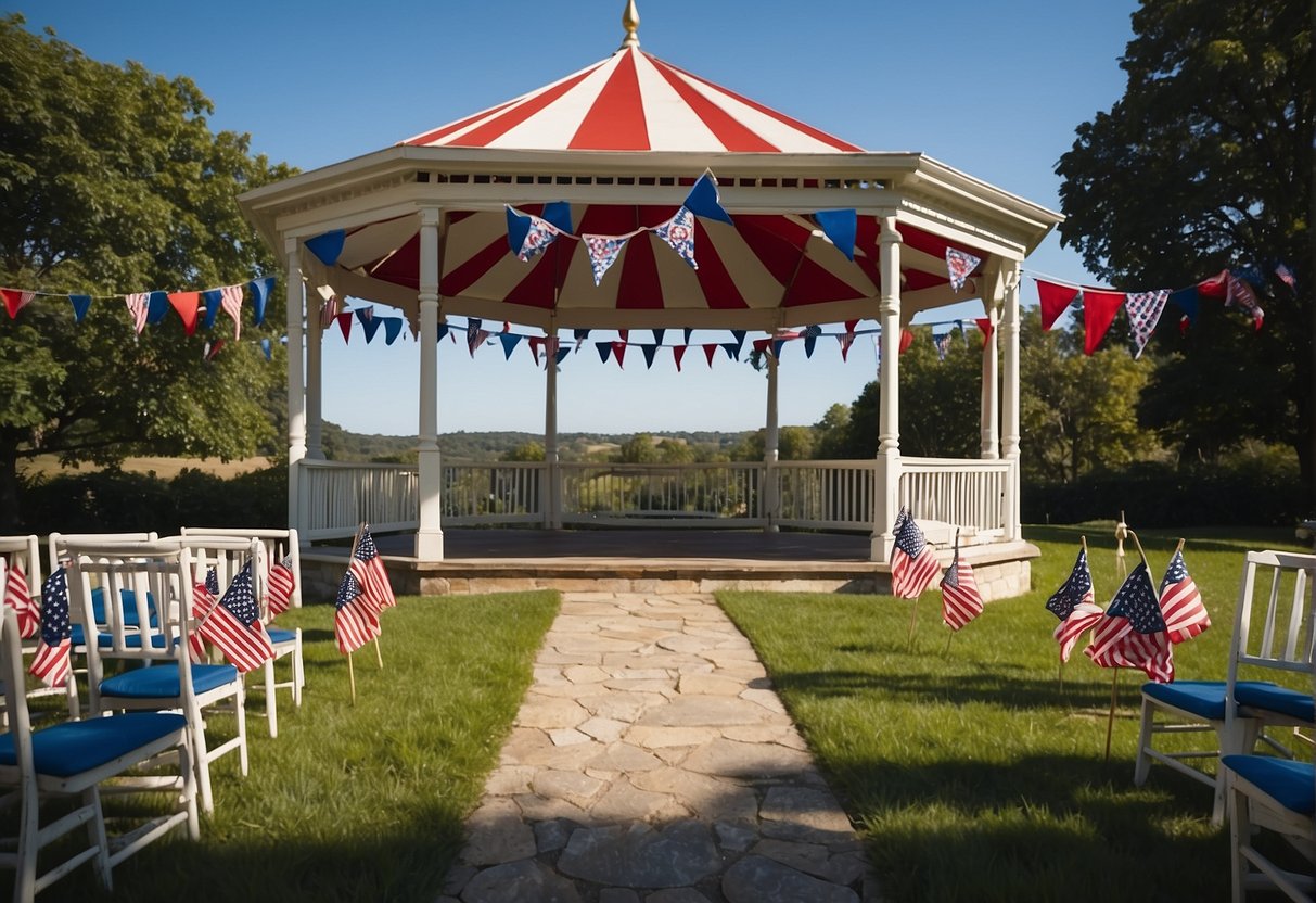 A scenic outdoor venue with red, white, and blue decorations. A gazebo adorned with patriotic bunting. A clear blue sky and lush green surroundings