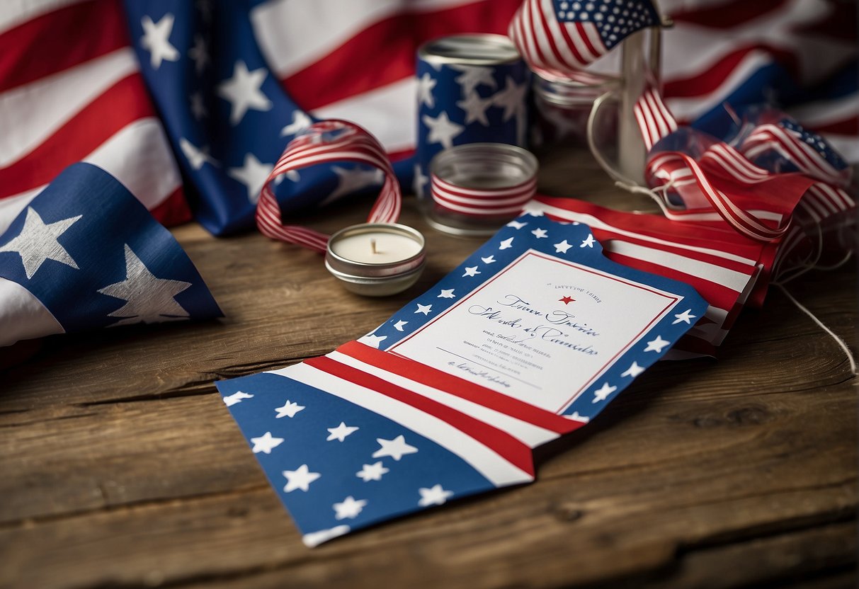 A festive 4th of July wedding scene with red, white, and blue invitations and stationery displayed on a rustic wooden table, adorned with American flags and patriotic decorations