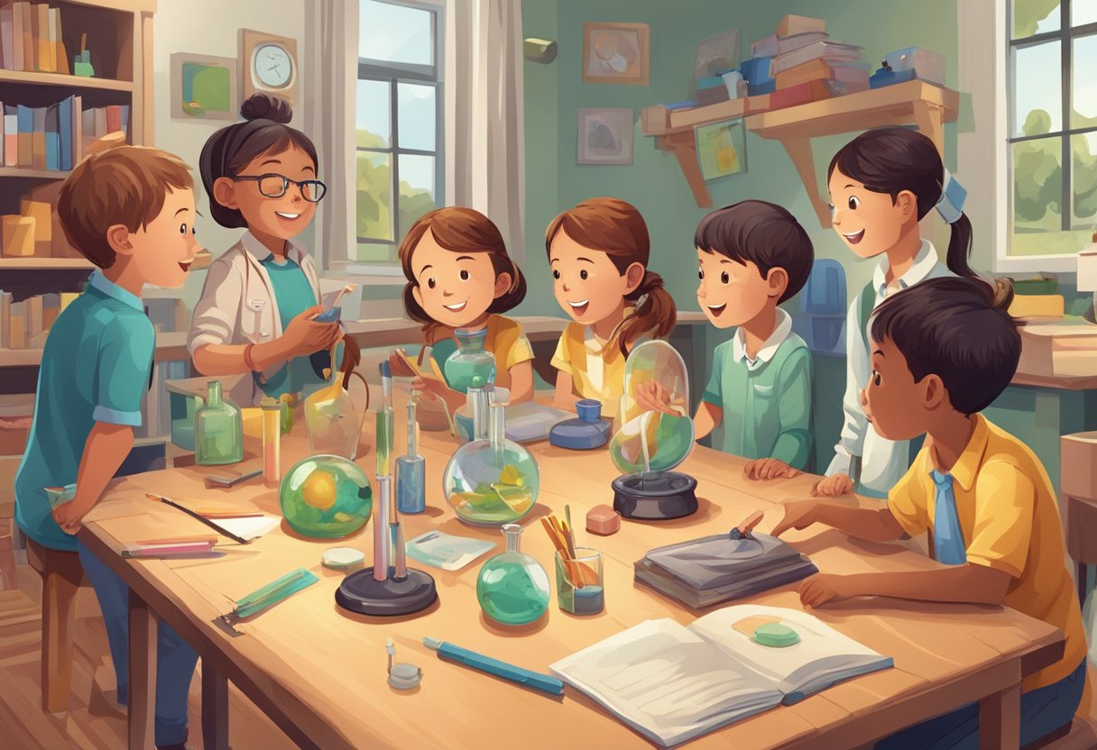 A group of children surround a table filled with various objects, eagerly asking questions and conducting experiments. A teacher watches with a smile, encouraging their curiosity