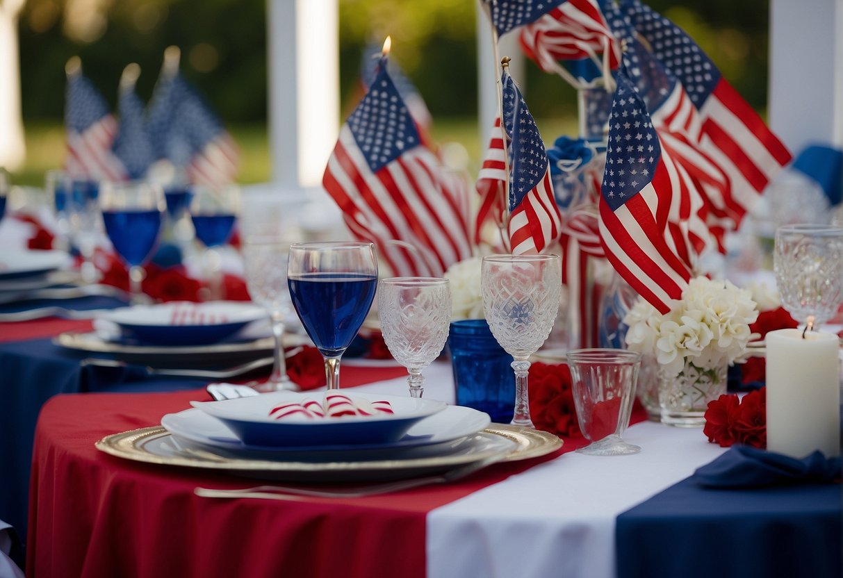 The scene is filled with red, white, and blue decorations, including flags, bunting, and patriotic centerpieces. A festive atmosphere is created with themed table settings and sparklers for the evening celebration