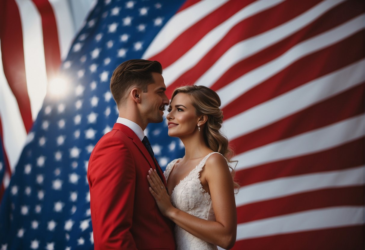 A bride and groom stand in front of an American flag backdrop, dressed in patriotic red, white, and blue attire for their 4th of July wedding celebration
