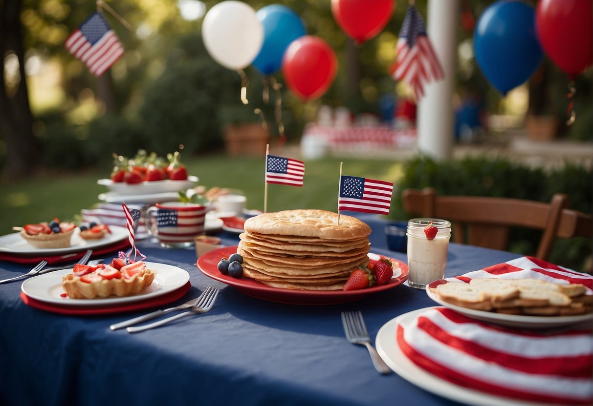 A table adorned with red, white, and blue decorations, filled with festive food and drinks. A banner reading "4th of July Wedding" hangs in the background