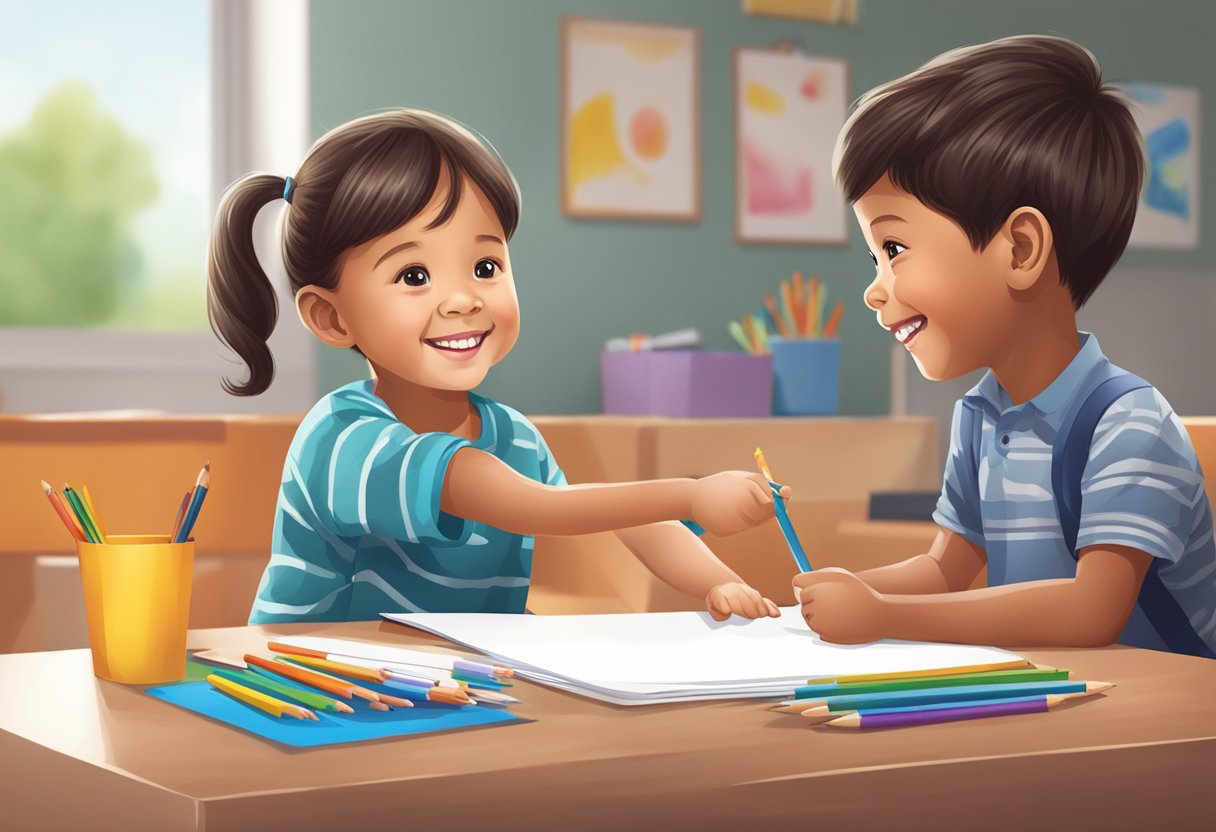 A child handing a drawing to another child, while smiling