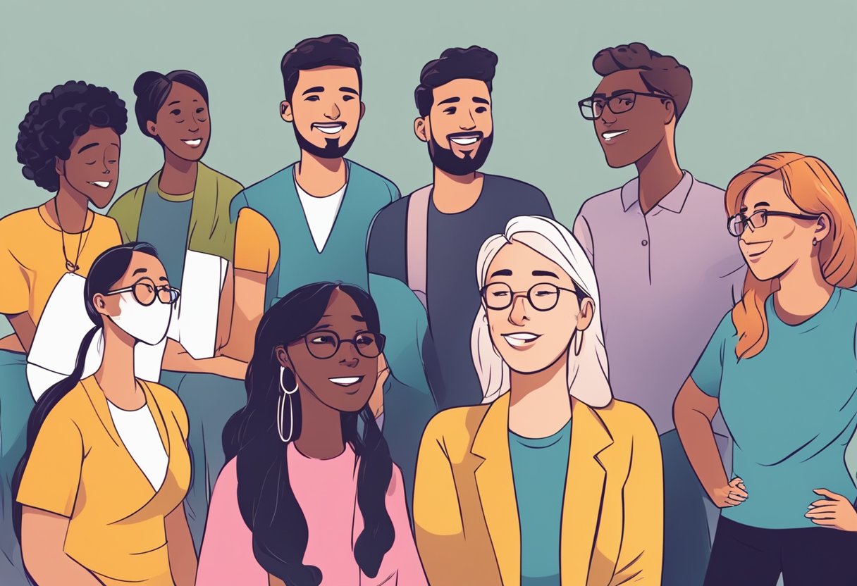A group of diverse individuals engage in a feedback session, displaying various emotions and expressions as they communicate with each other