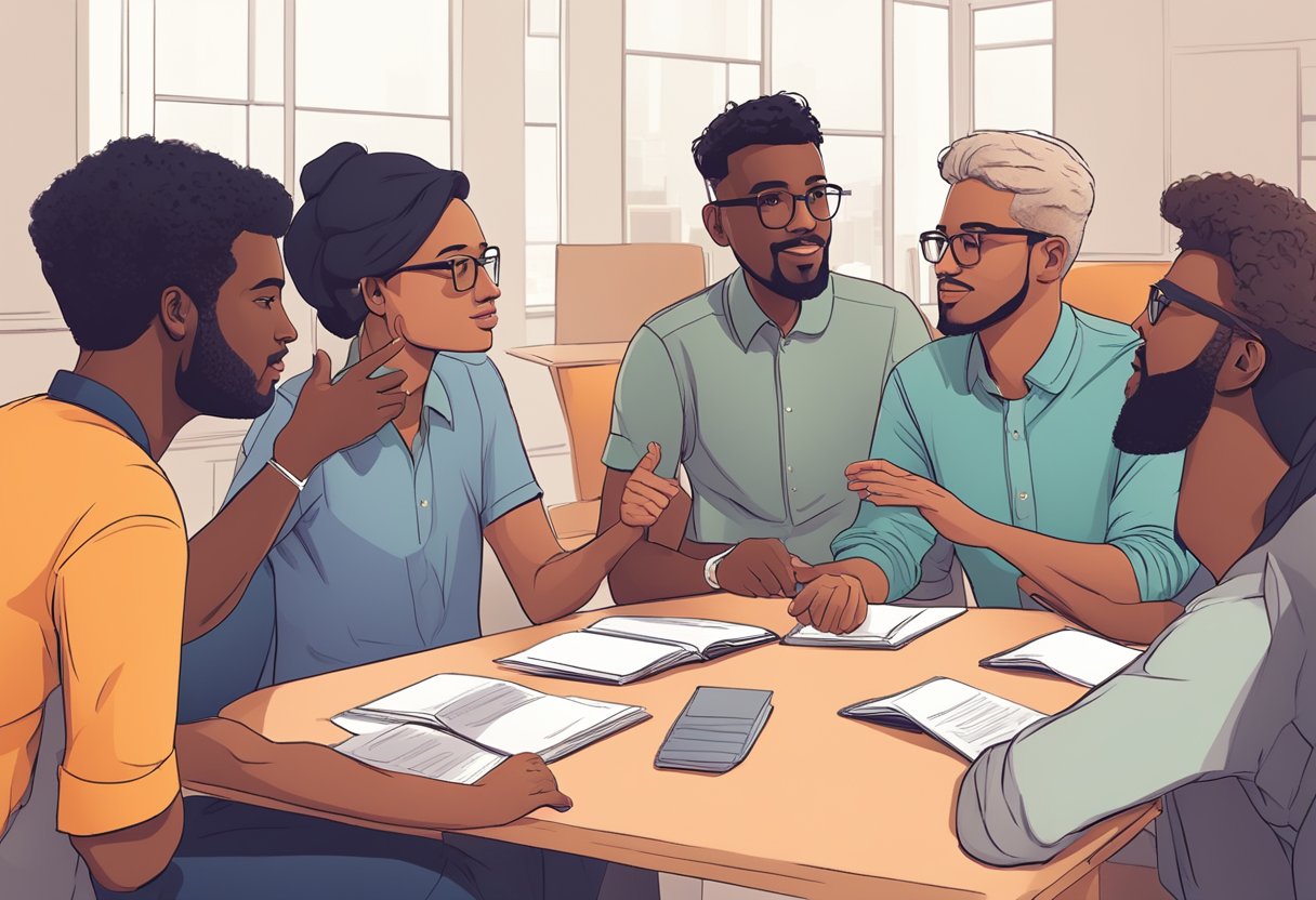 A group of diverse characters engage in a discussion, exchanging constructive feedback with open body language and attentive expressions