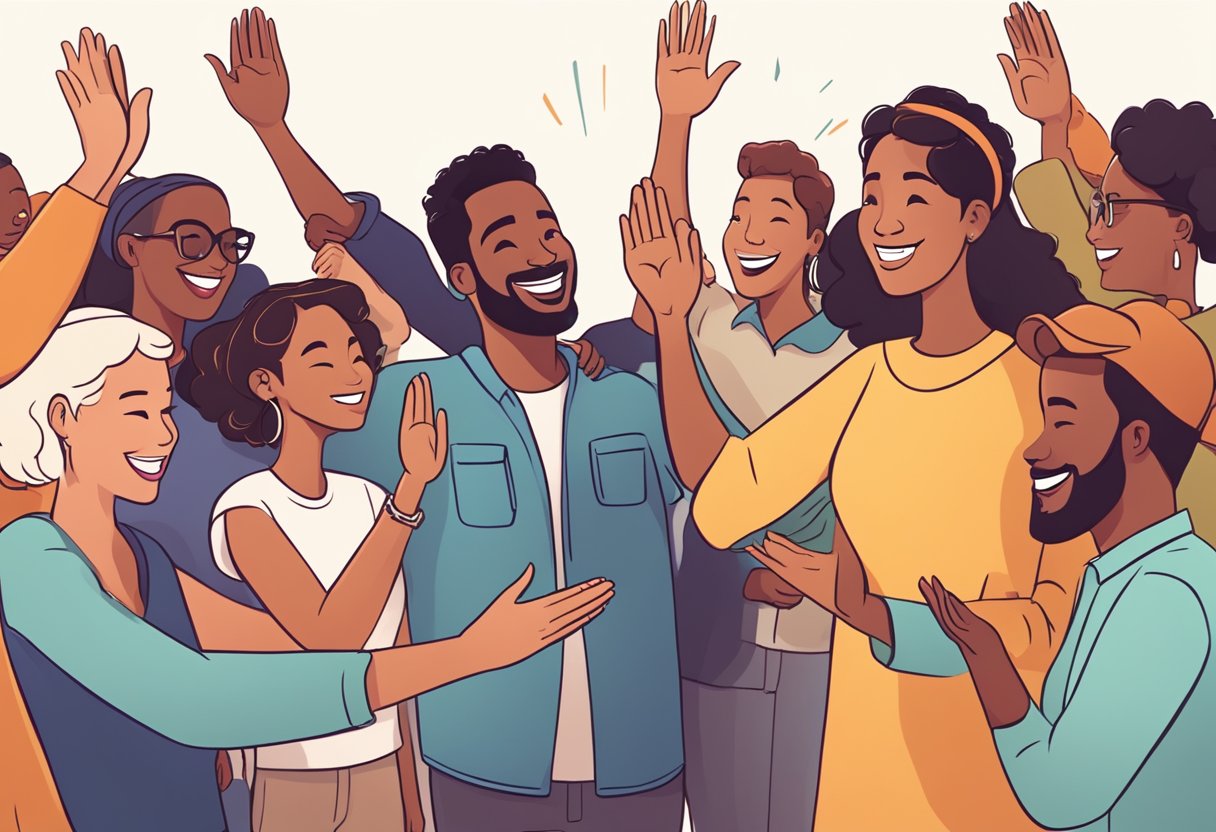 A group of diverse characters sharing high-fives and smiling while exchanging positive feedback and expressing gratitude