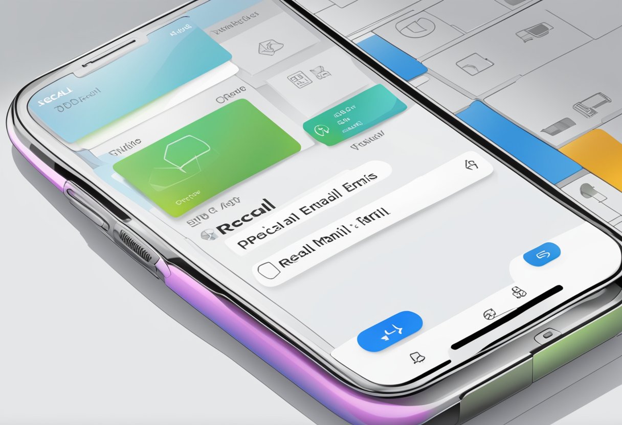 A smartphone with the Outlook app open, showing the "Recall Email" option in the settings menu