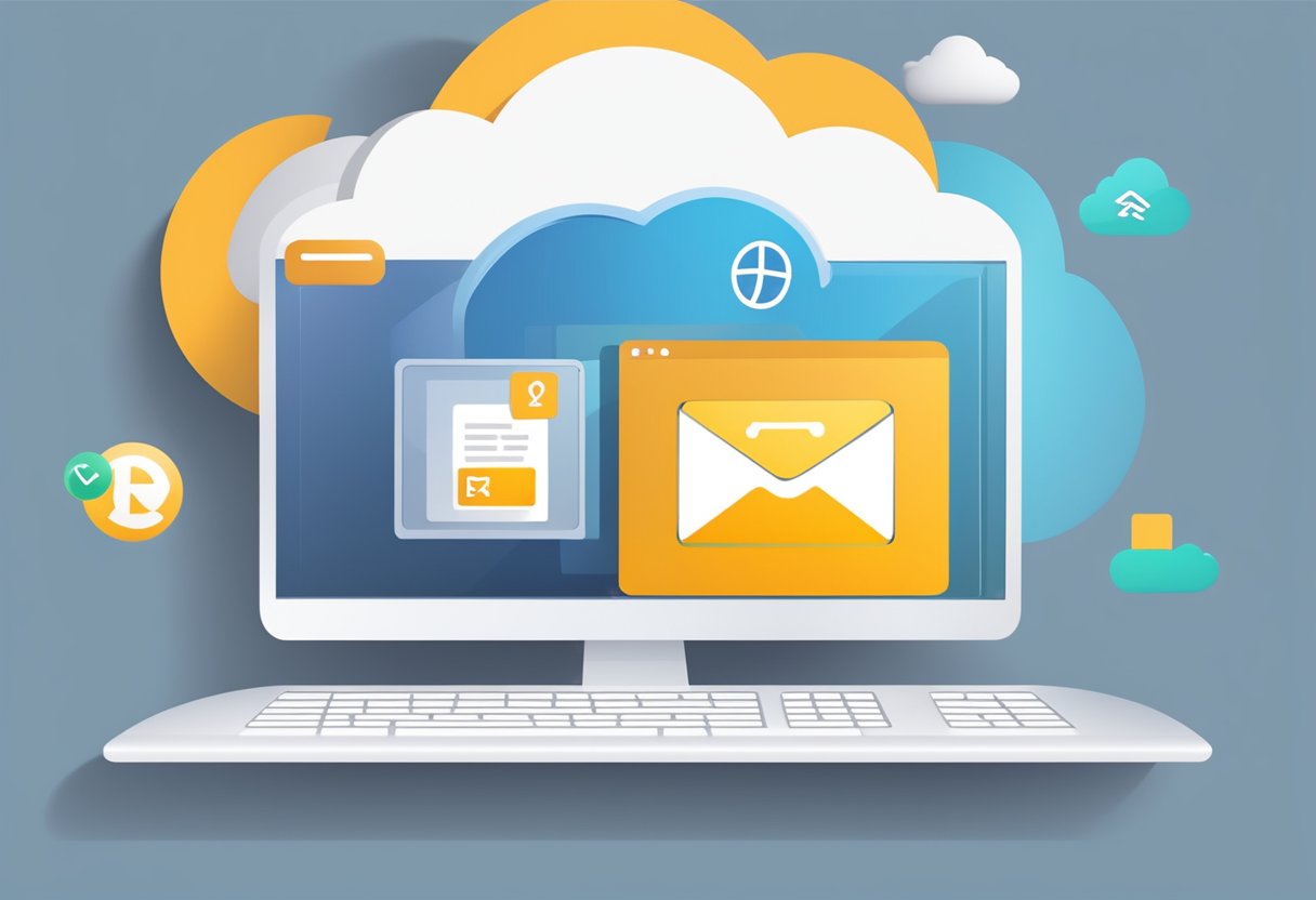 A computer screen with an open Outlook email interface. A cloud icon with a plus sign is shown, symbolizing adding more storage