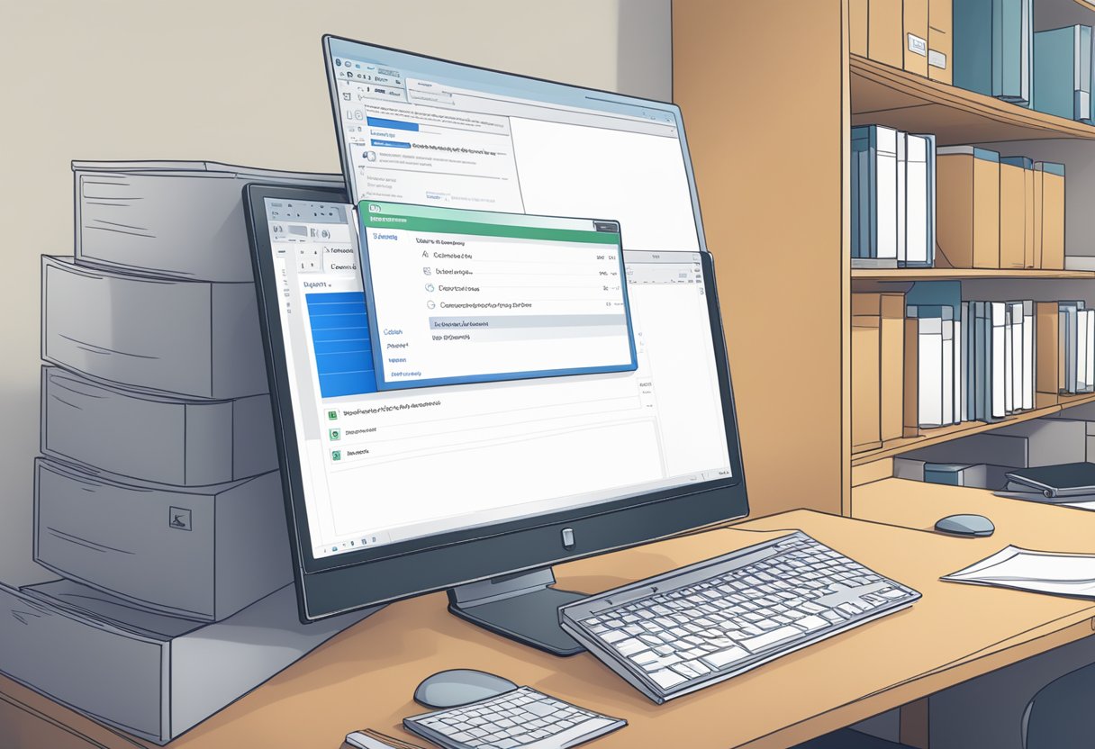 A computer screen shows the Outlook interface with a folder labeled "Archive." A cursor hovers over the folder, ready to click and unarchive emails