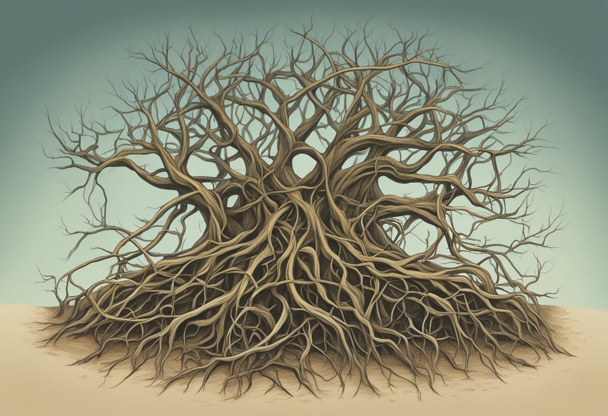A tangled web of roots emerges from the ground, intertwining and spreading outwards, symbolizing the complexity and depth of skeptical thought