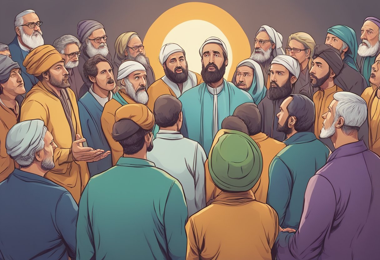 A group of people engage in a heated debate, with one side passionately defending their religious beliefs and the other side skeptically questioning and challenging those beliefs