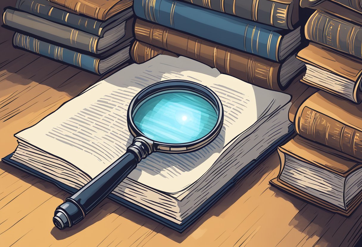 A magnifying glass hovers over a stack of books, highlighting titles like "Controversial Claims" and "Skepticism 101". Rays of light illuminate the scene, symbolizing the search for truth