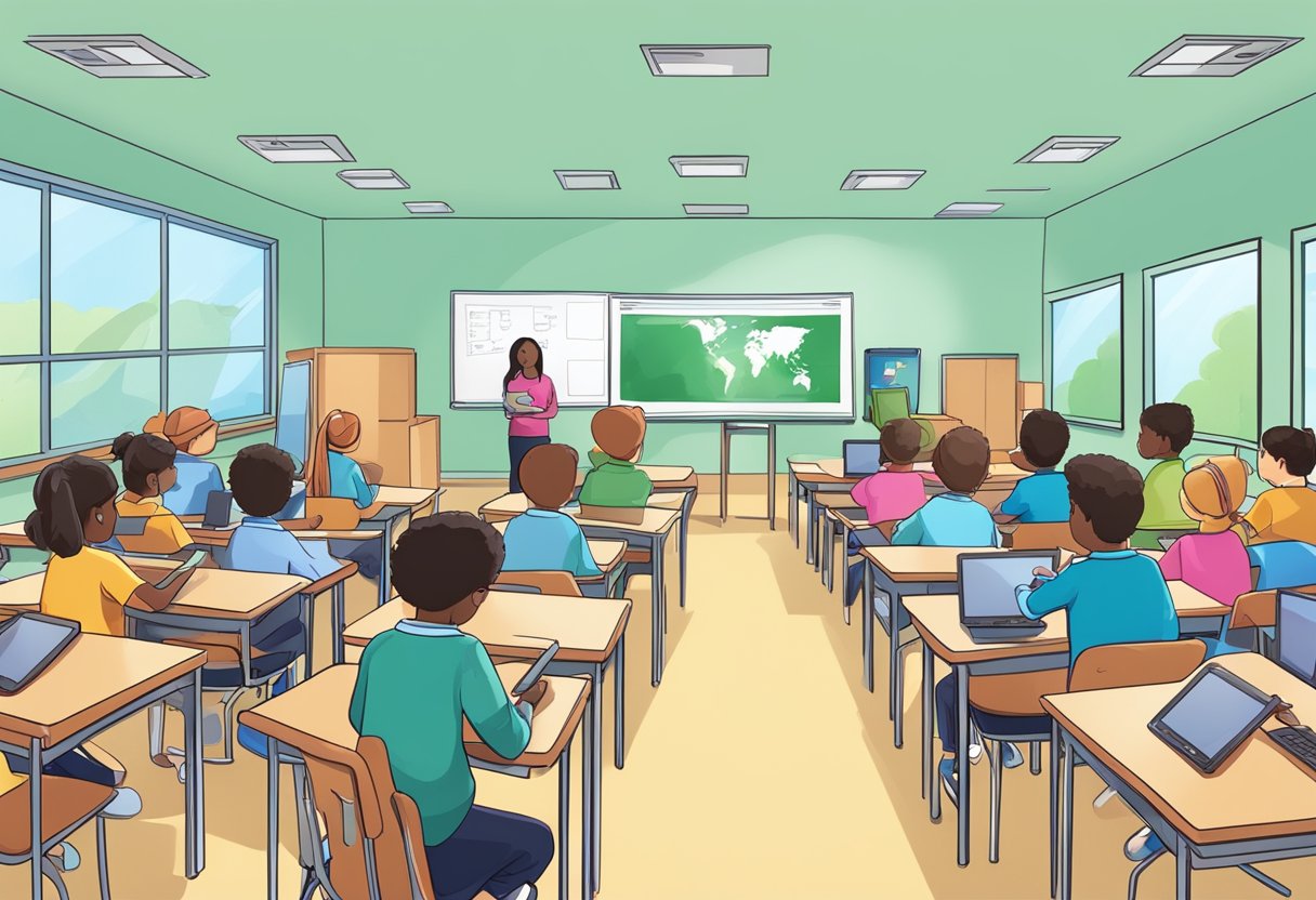 A classroom with students engaged in hands-on activities using technology to foster creativity and critical thinking